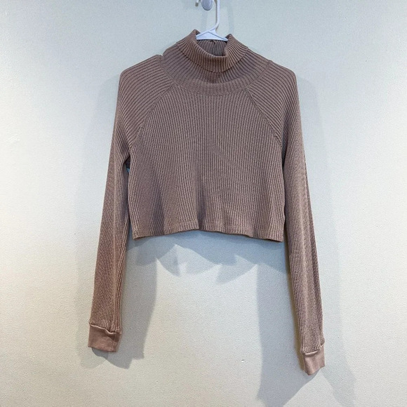 The Range Tan Cropped Turtleneck Waffle Knit Designer Long Sleeve Shirt XS - Picture 2 of 8